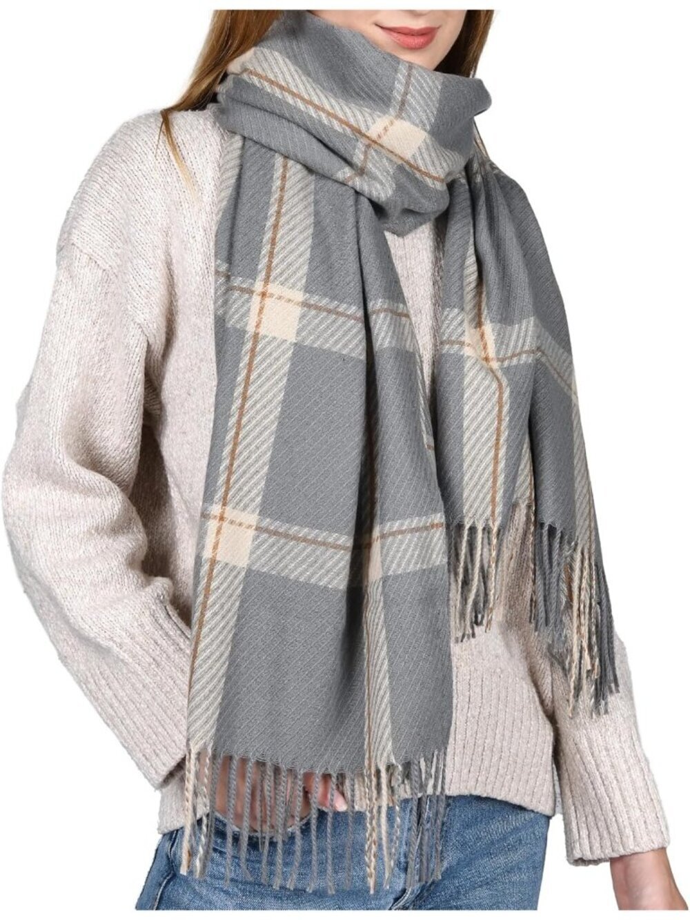 Women's Grey Shawl Soft Tassel Plaid Large Scarves Wraps Neck Scarves